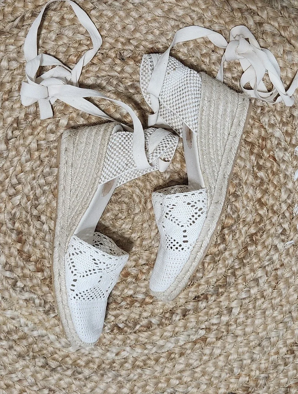 J Crew Spain Crochet Lace Up Espadrille Wedge Shoes Womens 11 Ivory Jute Emmylou